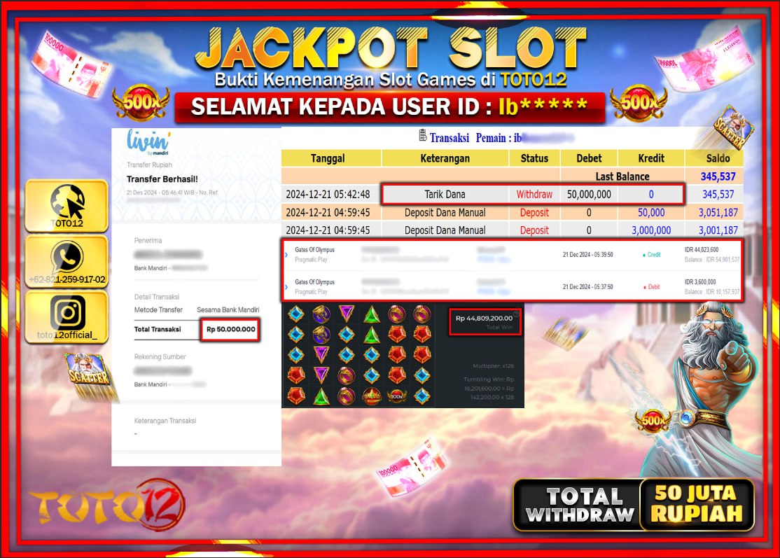 HANYA DI TOTO12 JP PASTI DI BAYAR LUNAS DAN CEPAT!!!!!! JACKPOT SLOT GAME (GATES OF OLYMPUS) Rp.50.000.000 !!!!