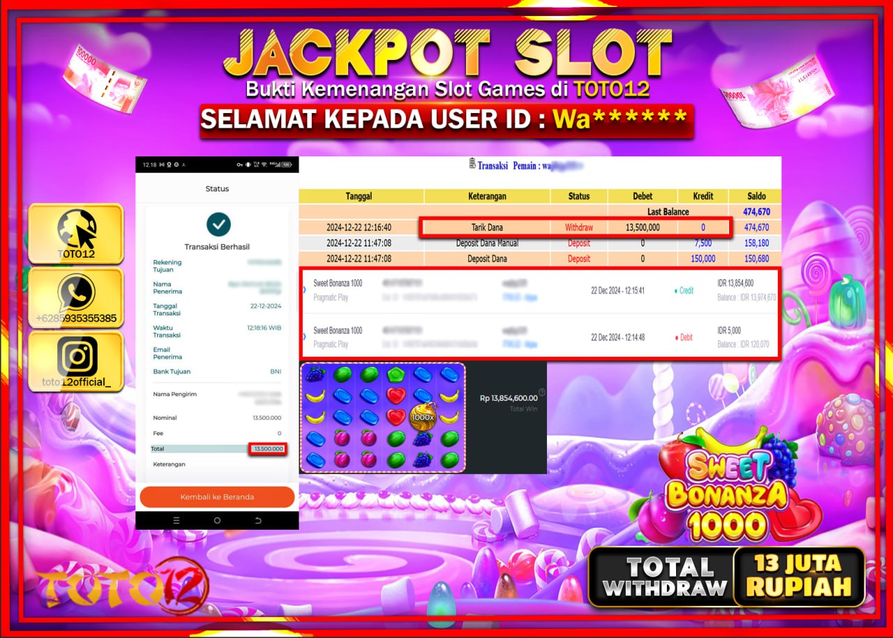 HANYA DI TOTO12 JP PASTI DI BAYAR LUNAS DAN CEPAT!!!!!! JACKPOT SLOT GAME (SWEET BONANZA 1000) Rp.13.000.000 !!!!