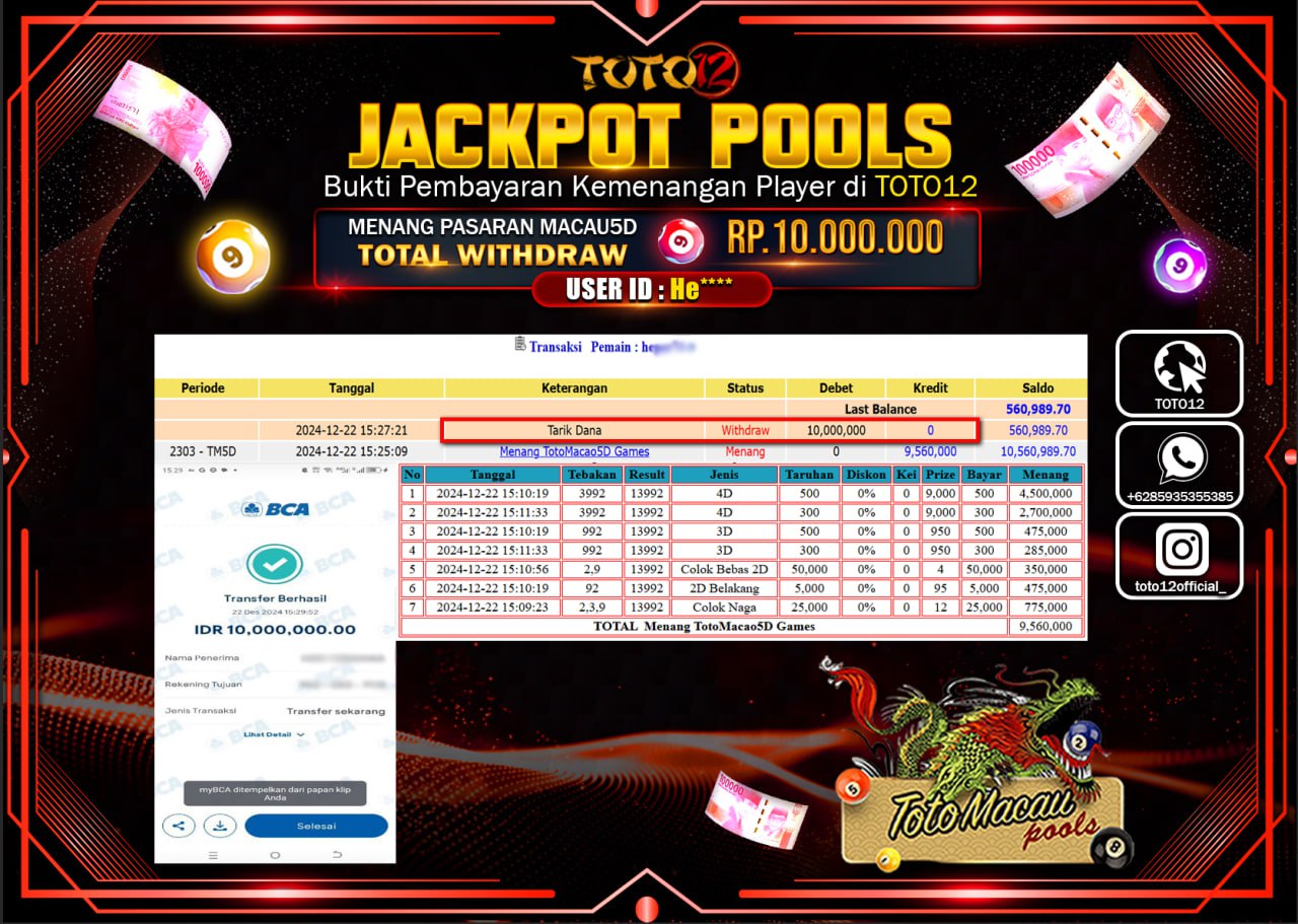 HANYA DI TOTO12 JP PASTI DI BAYAR LUNAS DAN CEPAT!!!!!! JACKPOT POOLS PASARAN (TOTO MACAU) Rp.10.000.000 !!!!