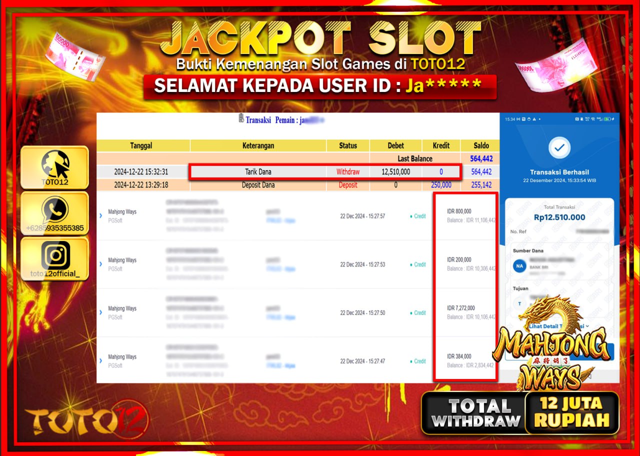 HANYA DI TOTO12 JP PASTI DI BAYAR LUNAS DAN CEPAT!!!!!! JACKPOT SLOT GAME (MAHJONG WAYS) Rp.12.000.000 !!!!