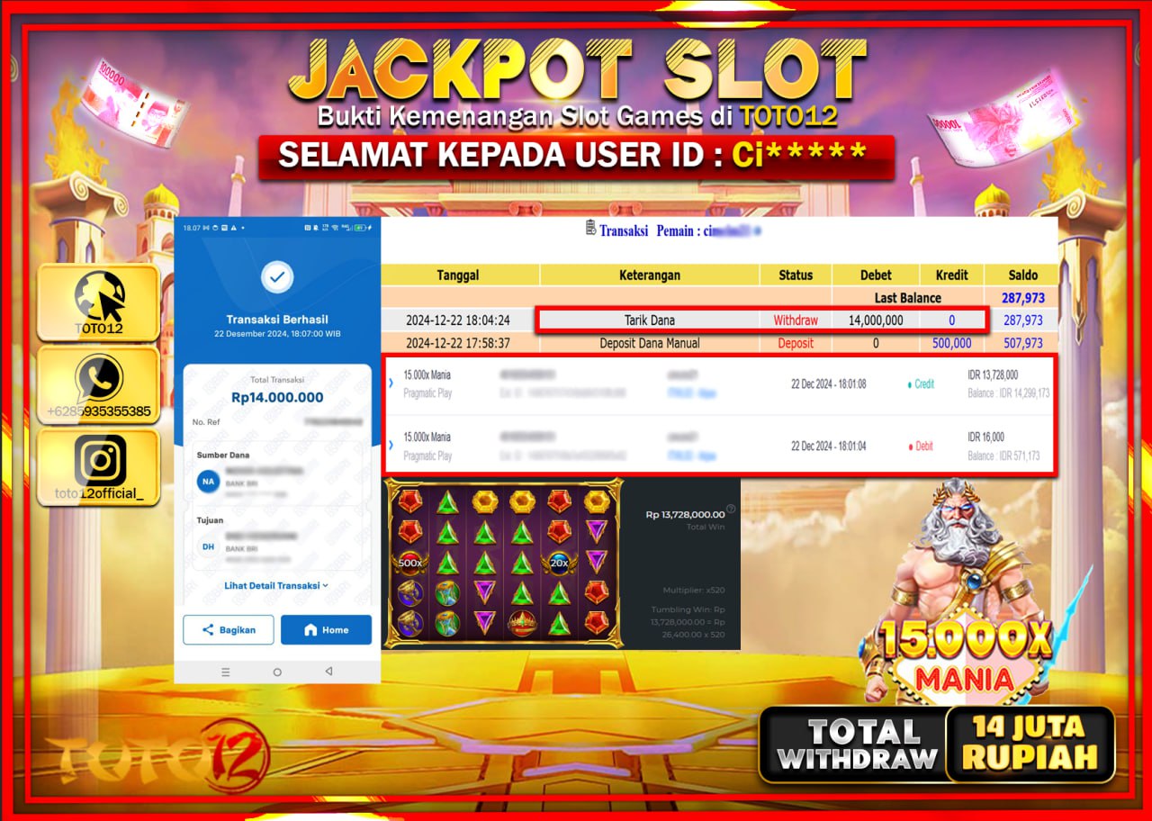 HANYA DI TOTO12 JP PASTI DI BAYAR LUNAS DAN CEPAT!!!!!! JACKPOT SLOT GAME (15.000X MANIA) Rp.14.000.000 !!!!