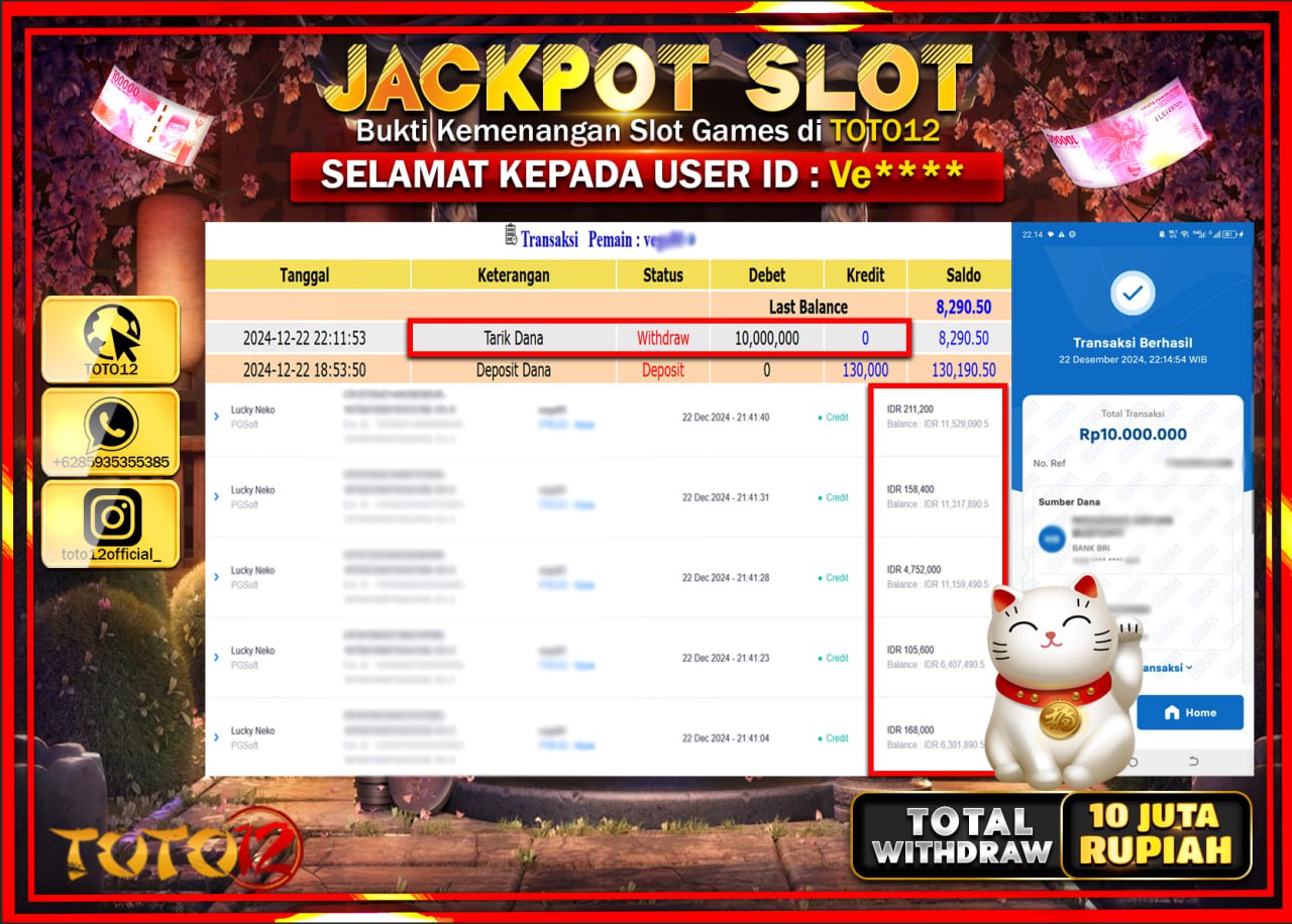 HANYA DI TOTO12 JP PASTI DI BAYAR LUNAS DAN CEPAT!!!!!! JACKPOT SLOT GAME (LUCKY NEKO) Rp.10.000.000 !!!!