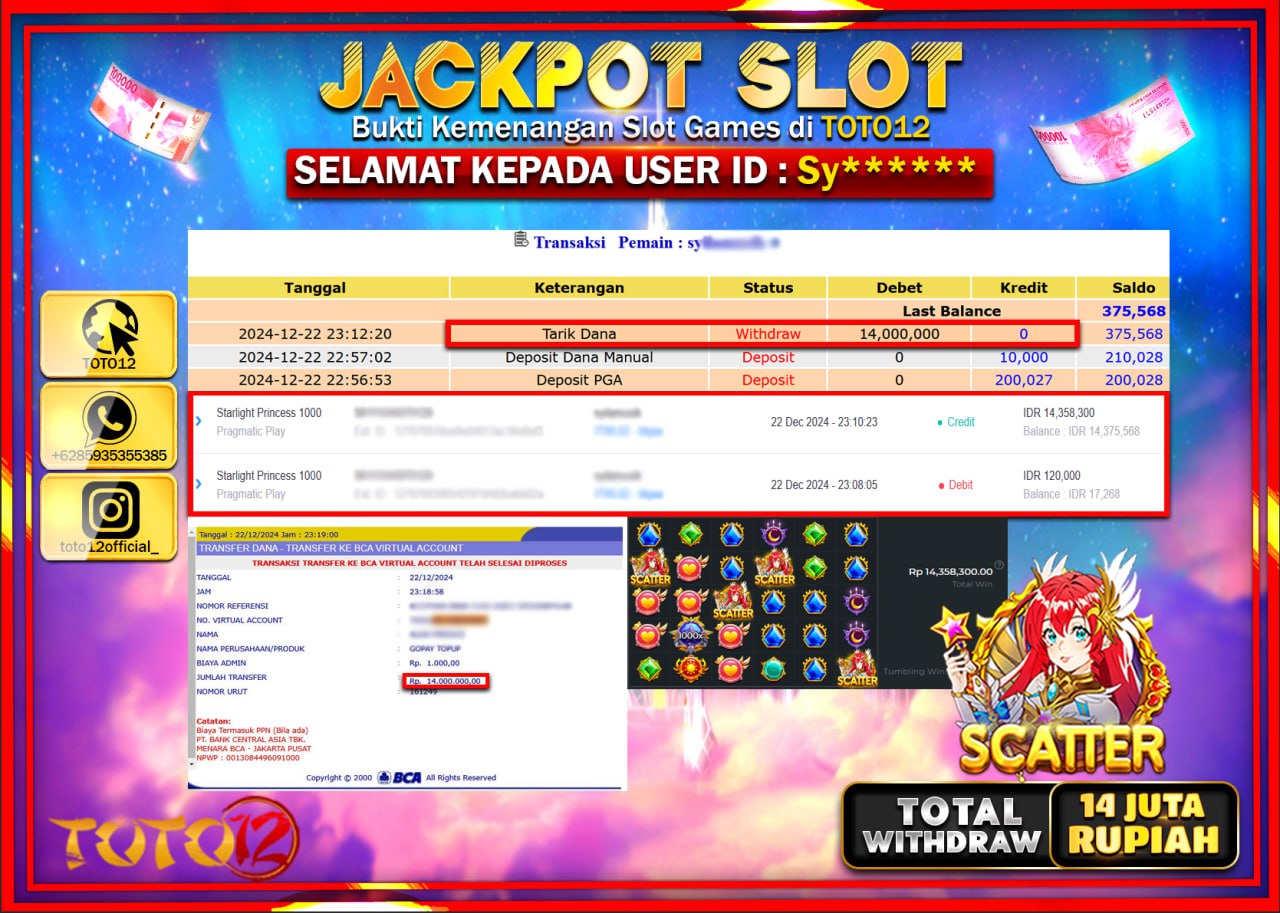 HANYA DI TOTO12 JP PASTI DI BAYAR LUNAS DAN CEPAT!!!!!! JACKPOT SLOT GAME (STARLIGHT PRINCESS 1000) Rp.14.000.000 !!!!