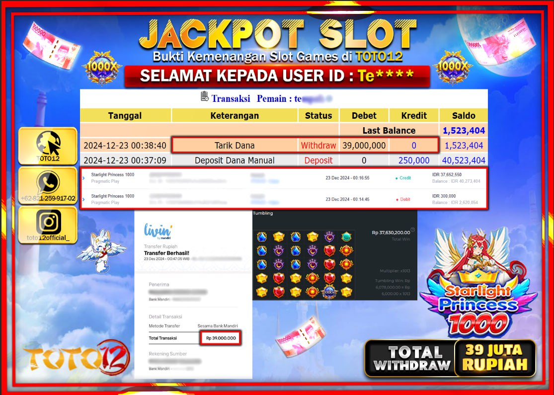 HANYA DI TOTO12 JP PASTI DI BAYAR LUNAS DAN CEPAT!!!!!! JACKPOT SLOT GAME (STARLIGHT PRINCESS 1000) Rp.39.000.000 !!!!
