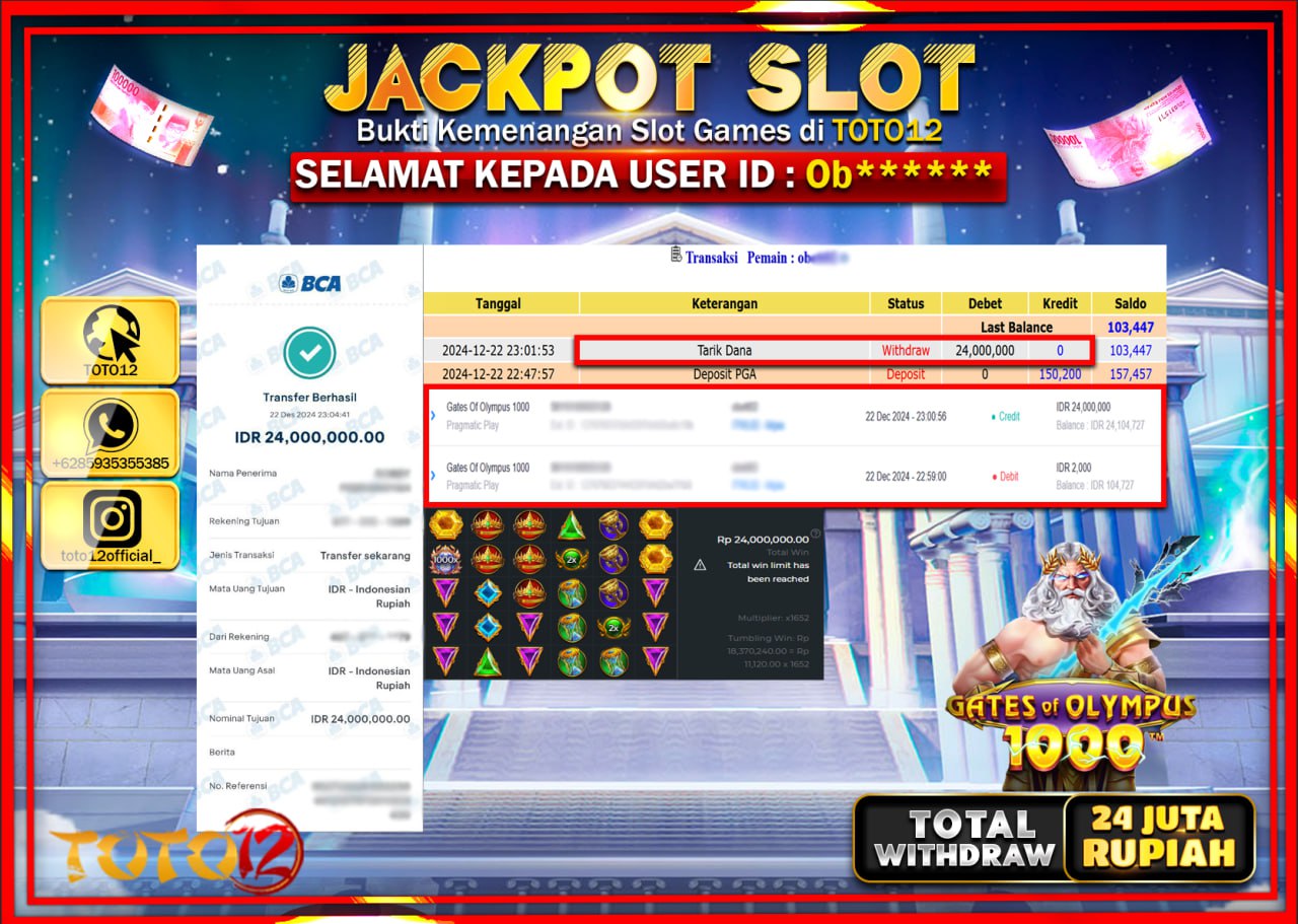 HANYA DI TOTO12 JP PASTI DI BAYAR LUNAS DAN CEPAT!!!!!! JACKPOT SLOT GAME (GATES OF OLYMPUS 1000) Rp.24.000.000 !!!!