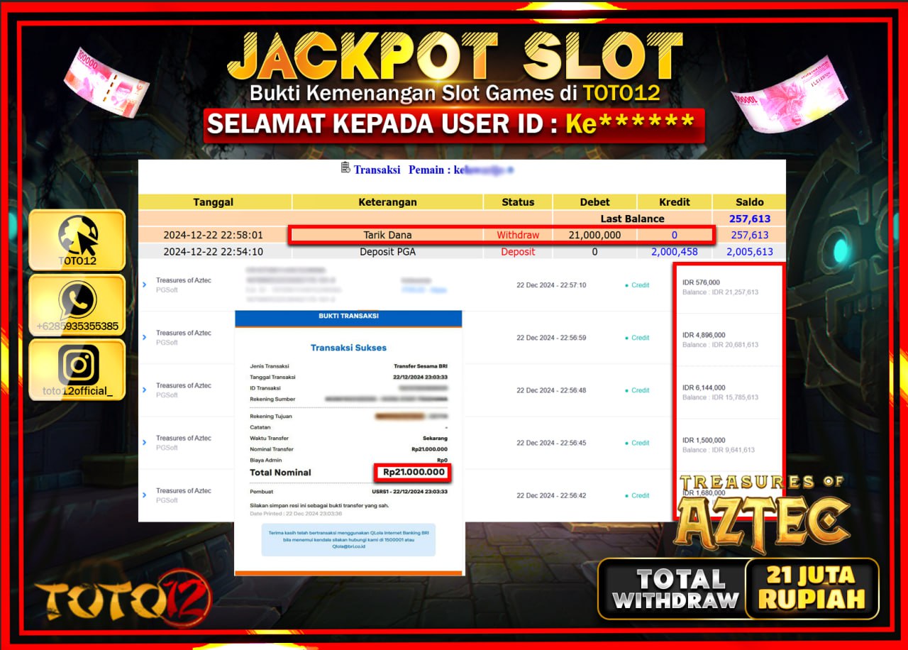 HANYA DI TOTO12 JP PASTI DI BAYAR LUNAS DAN CEPAT!!!!!! JACKPOT SLOT GAME (TREASURES OF AZTEC) Rp.21.000.000 !!!!