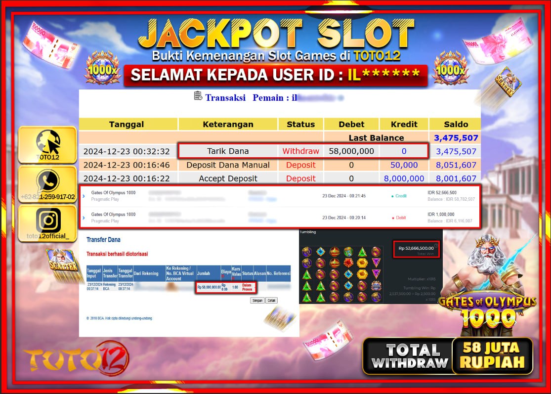 HANYA DI TOTO12 JP PASTI DI BAYAR LUNAS DAN CEPAT!!!!!! JACKPOT SLOT GAME (GATES OF OLYMPUS 1000) Rp.58.000.000 !!!!
