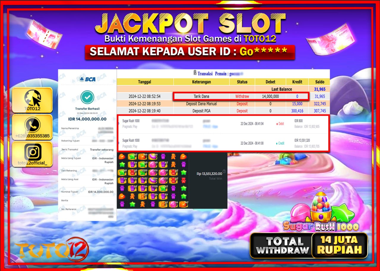 HANYA DI TOTO12 JP PASTI DI BAYAR LUNAS DAN CEPAT!!!!!! JACKPOT SLOT GAME (SUGAR RUSH 1000) Rp.14.000.000 !!!!