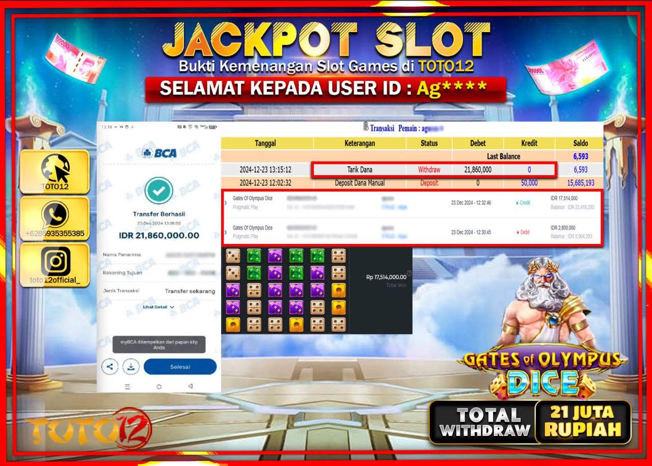 HANYA DI TOTO12 JP PASTI DI BAYAR LUNAS DAN CEPAT!!!!!! JACKPOT SLOT GAME (GATES OF OLYMPUS DICE) Rp.21.000.000 !!!!