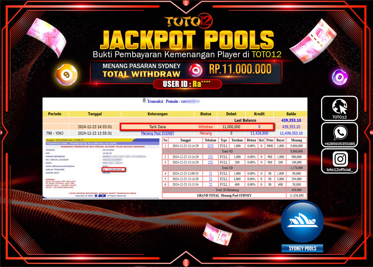HANYA DI TOTO12 JP PASTI DI BAYAR LUNAS DAN CEPAT!!!!!! JACKPOT POOLS PASARAN(SYDNEY) Rp.11.000.000 !!!!
