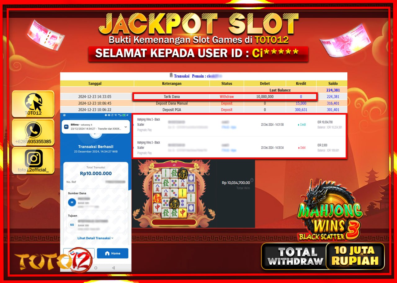 HANYA DI TOTO12 JP PASTI DI BAYAR LUNAS DAN CEPAT!!!!!! JACKPOT SLOT GAME (MAHJONG WINS 3 BLACK SCATTER) Rp.10.000.000 !!!!