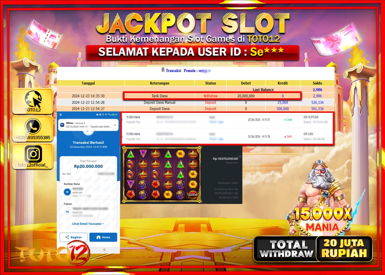 HANYA DI TOTO12 JP PASTI DI BAYAR LUNAS DAN CEPAT!!!!!! JACKPOT SLOT GAME (15.000X MANIA) Rp.20.000.000 !!!!