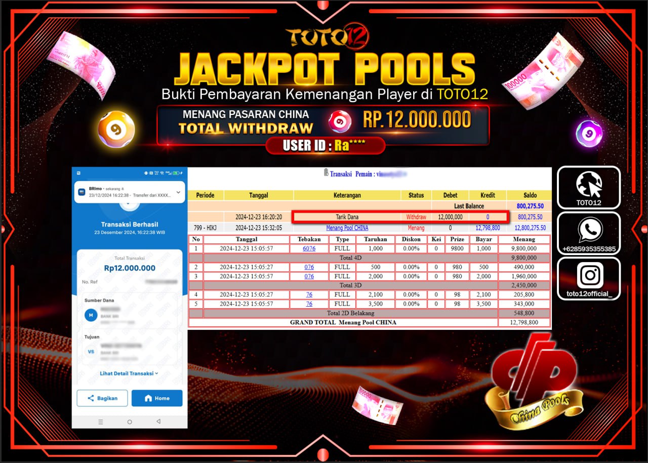 HANYA DI TOTO12 JP PASTI DI BAYAR LUNAS DAN CEPAT!!!!!! JACKPOT POOLS PASARAN (CHINA) Rp.12.000.000 !!!!