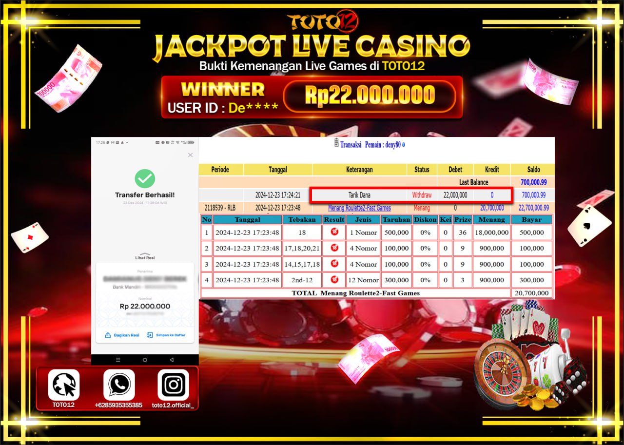 HANYA DI TOTO12 JP PASTI DI BAYAR LUNAS DAN CEPAT!!!!!! JACKPOT LIVE GAMES CASINO (ROULETTE 2 FAST) Rp.22.000.000 !!!!