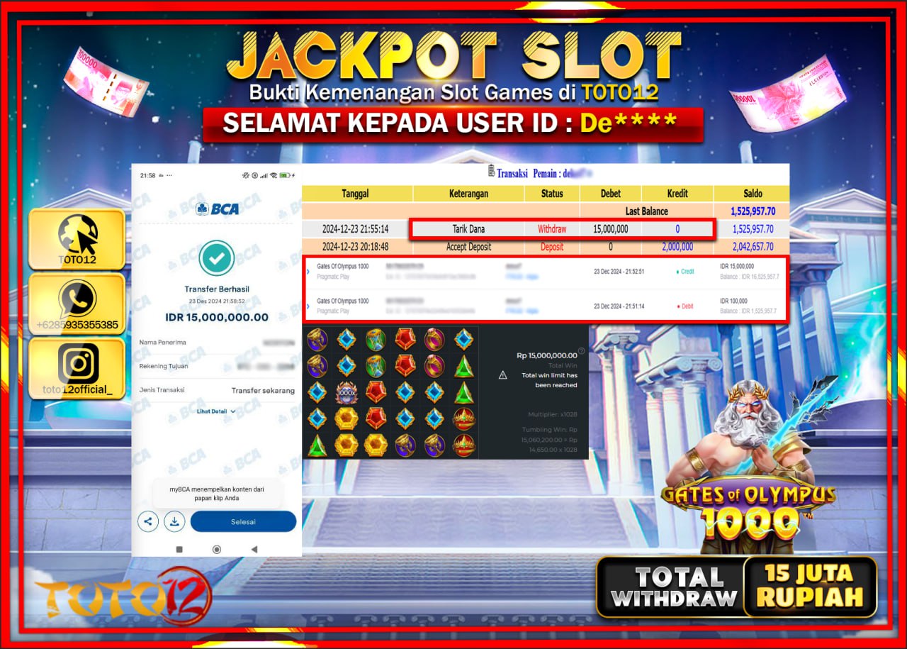 HANYA DI TOTO12 JP PASTI DI BAYAR LUNAS DAN CEPAT!!!!!! JACKPOT SLOT GAME (GATES OF OLYMPUS 1000) Rp.15.000.000 !!!!