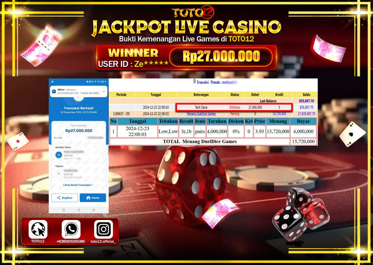 HANYA DI TOTO12 JP PASTI DI BAYAR LUNAS DAN CEPAT!!!!!! JACKPOT LIVE GAMES CASINO (DUEL DICE) Rp.27.000.000 !!!!