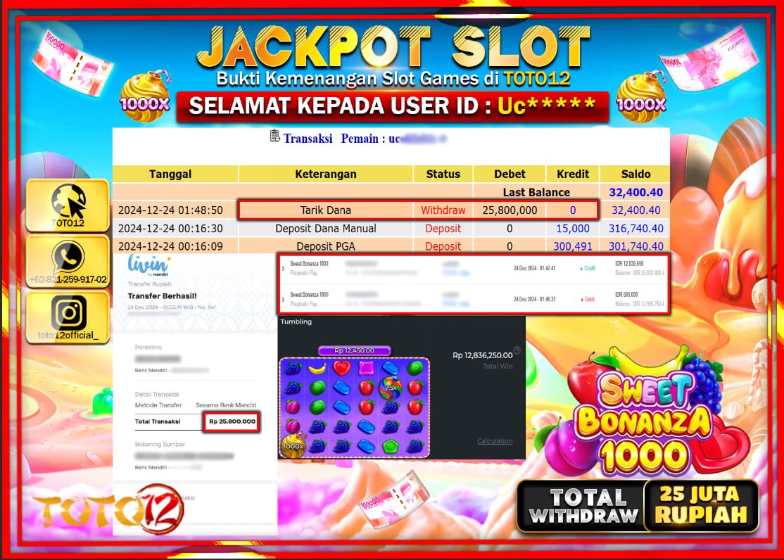 HANYA DI TOTO12 JP PASTI DI BAYAR LUNAS DAN CEPAT!!!!!! JACKPOT SLOT GAME (SWEET BONANZA 1000) Rp.25.000.000 !!!!