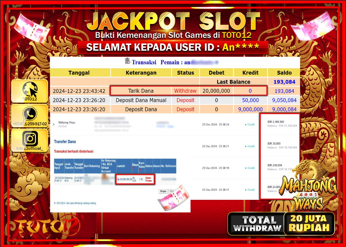 HANYA DI TOTO12 JP PASTI DI BAYAR LUNAS DAN CEPAT!!!!!! JACKPOT SLOT GAME (MAHJONG WAYS) Rp.20.000.000 !!!!