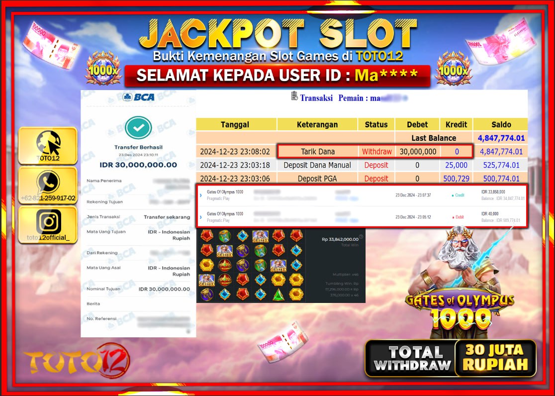 HANYA DI TOTO12 JP PASTI DI BAYAR LUNAS DAN CEPAT!!!!!! JACKPOT SLOT GAME (GATES OF OLYMPUS 1000) Rp.30.000.000 !!!!