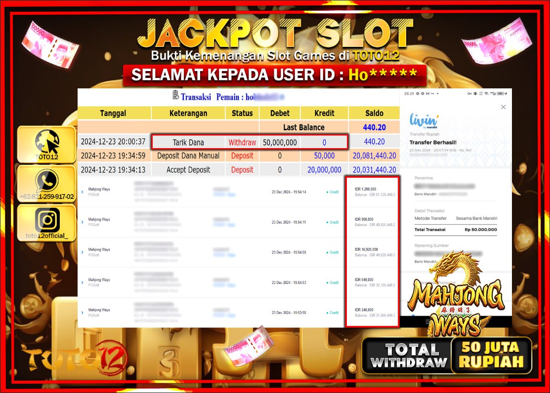 HANYA DI TOTO12 JP PASTI DI BAYAR LUNAS DAN CEPAT!!!!!! JACKPOT SLOT GAME (MAHJONG WAYS) Rp.50.000.000 !!!!
