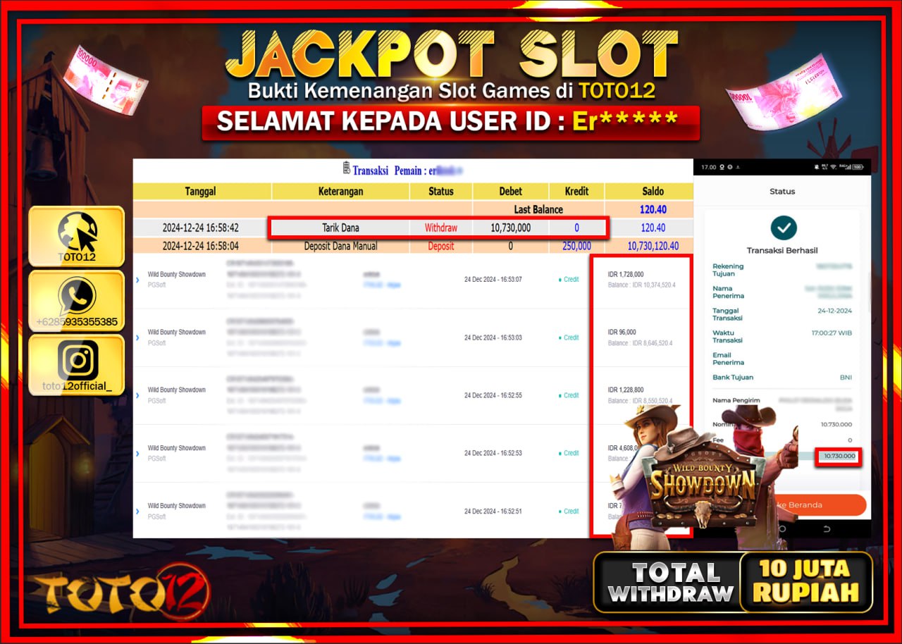 HANYA DI TOTO12 JP PASTI DI BAYAR LUNAS DAN CEPAT!!!!!! JACKPOT SLOT GAME (WILD BOUNTY SHOWDOWN) Rp.10.000.000 !!!!