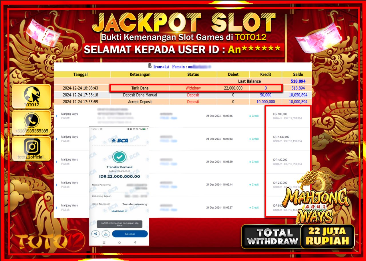 HANYA DI TOTO12 JP PASTI DI BAYAR LUNAS DAN CEPAT!!!!!! JACKPOT SLOT GAME (MAHJONG WAYS) Rp.22.000.000 !!!!