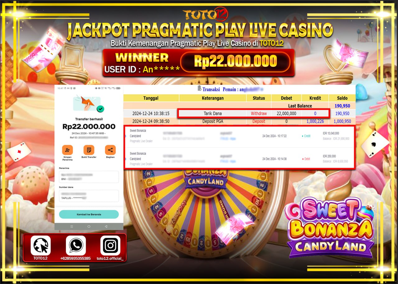 HANYA DI TOTO12 JP PASTI DI BAYAR LUNAS DAN CEPAT!!!!!! JACKPOT PRAGMATIC PLAY LIVE CASINO (SWEET BONANZA CANDY LAND) Rp.22.000.000 !!!!