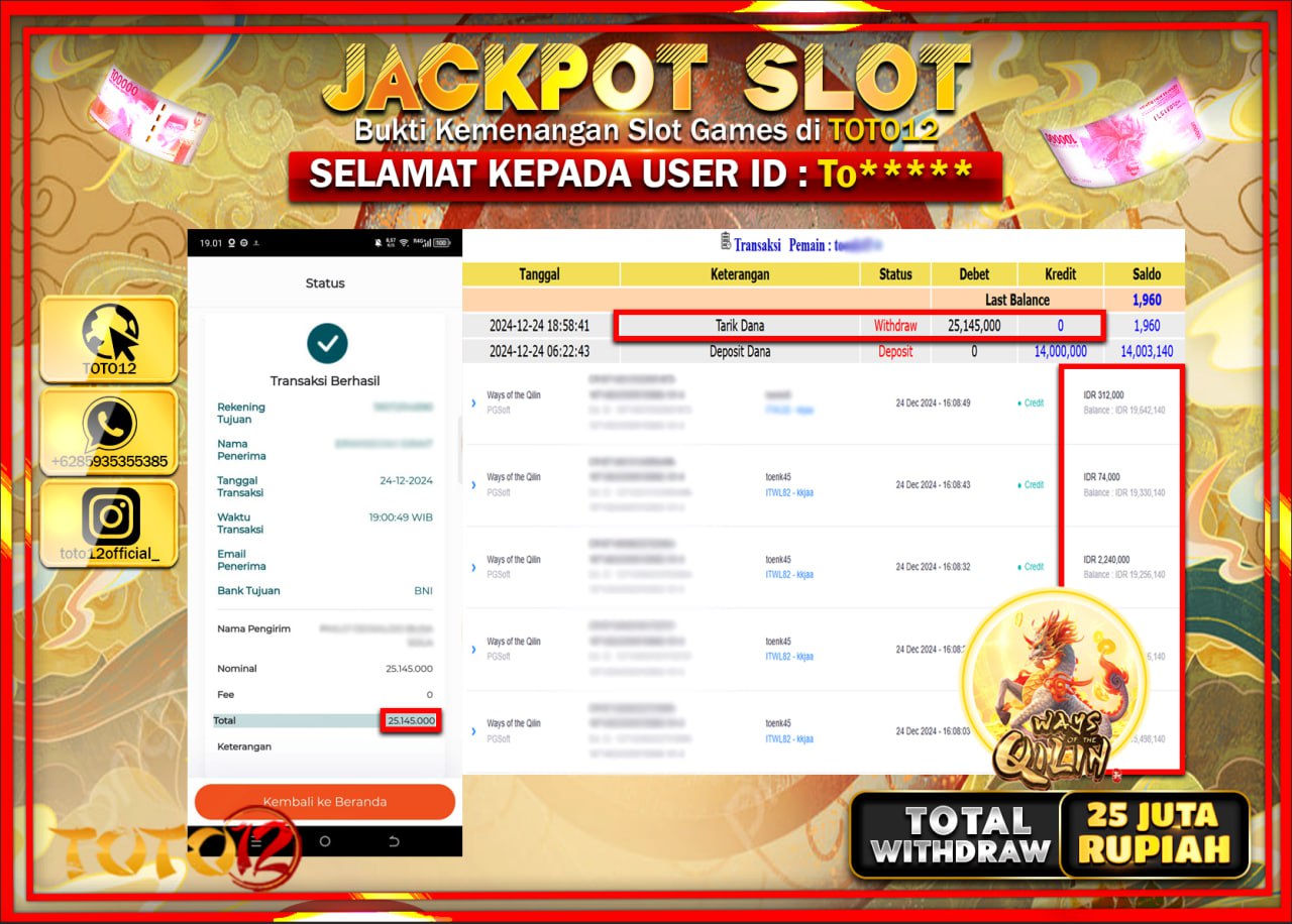 HANYA DI TOTO12 JP PASTI DI BAYAR LUNAS DAN CEPAT!!!!!! JACKPOT SLOT GAME (WAYS OF THE QILIN) Rp.25.000.000 !!!!