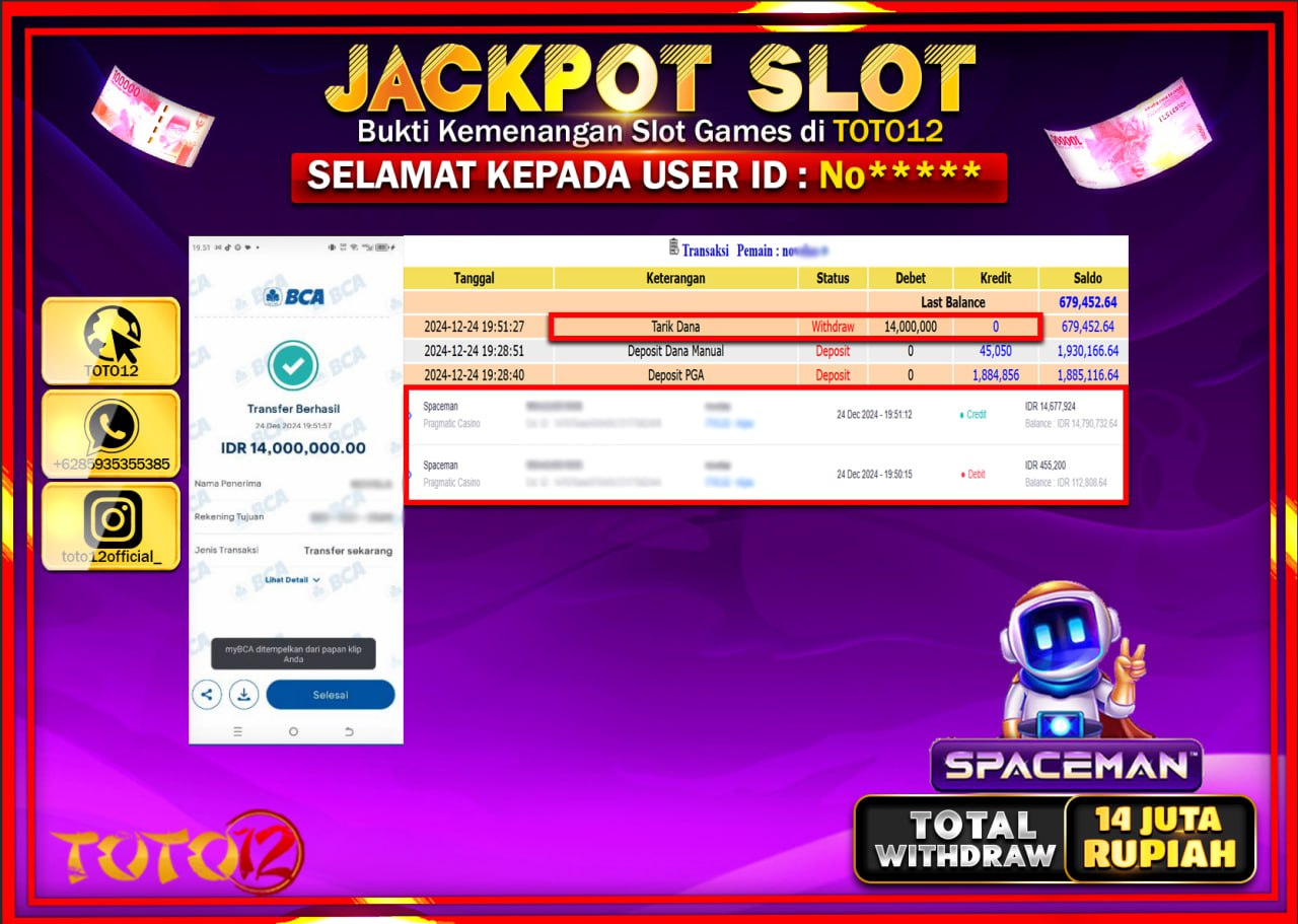 HANYA DI TOTO12 JP PASTI DI BAYAR LUNAS DAN CEPAT!!!!!! JACKPOT SLOT GAME (SPACEMAN) Rp.14.000.000 !!!!