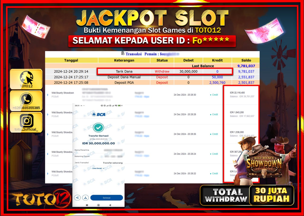 HANYA DI TOTO12 JP PASTI DI BAYAR LUNAS DAN CEPAT!!!!!! JACKPOT SLOT GAME (WILD BOUNTY SHOWDOWN) Rp.30.000.000 !!!!