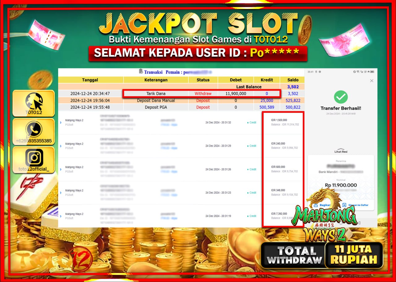 HANYA DI TOTO12 JP PASTI DI BAYAR LUNAS DAN CEPAT!!!!!! JACKPOT SLOT GAME (MAHJONG WAYS 2) Rp.11.000.000 !!!!