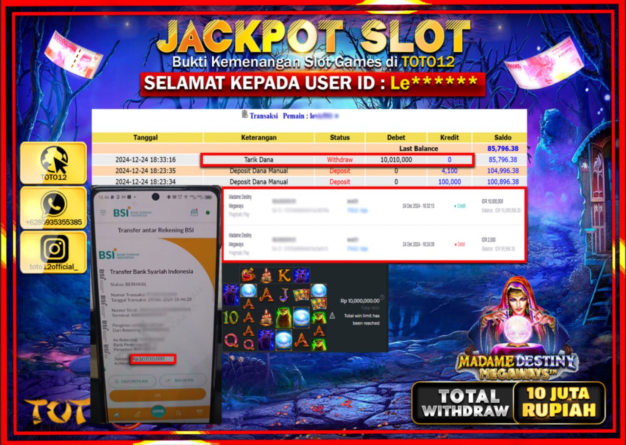 HANYA DI TOTO12 JP PASTI DI BAYAR LUNAS DAN CEPAT!!!!!! JACKPOT SLOT GAME (MADAME DASTINY MEGAWAYS) Rp.10.000.000 !!!!