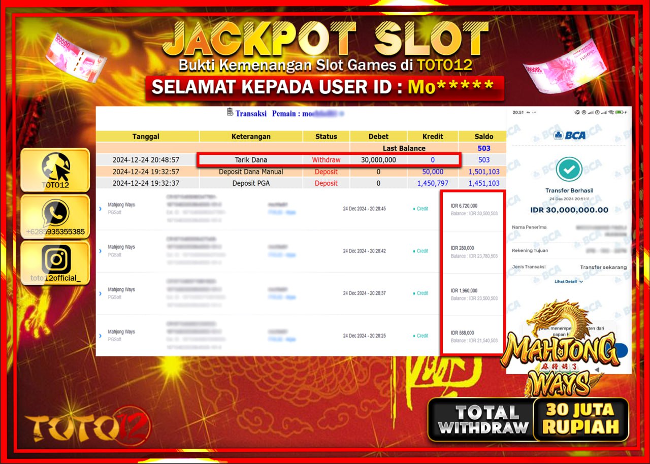HANYA DI TOTO12 JP PASTI DI BAYAR LUNAS DAN CEPAT!!!!!! JACKPOT SLOT GAME (MAHJONG WAYS) Rp.30.000.000 !!!!