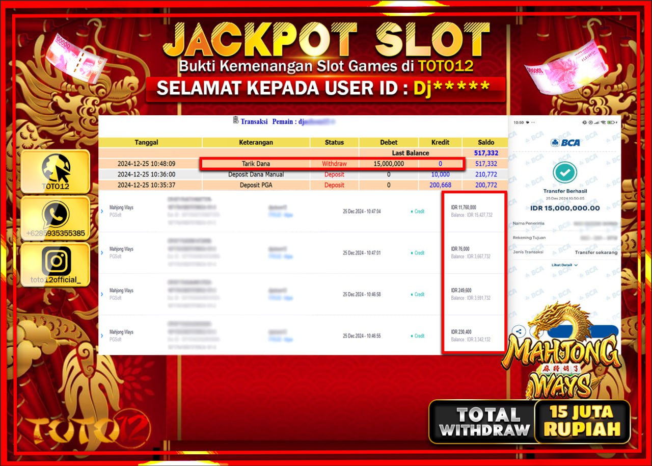HANYA DI TOTO12 JP PASTI DI BAYAR LUNAS DAN CEPAT!!!!!! JACKPOT SLOT GAME (MAHJONG WAYS) Rp.15.000.000 !!!!