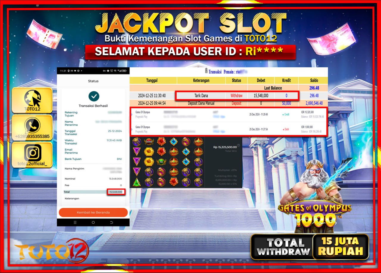 HANYA DI TOTO12 JP PASTI DI BAYAR LUNAS DAN CEPAT!!!!!! JACKPOT SLOT GAME (GATES OF OLYMPUS 1000) Rp.15.000.000 !!!!