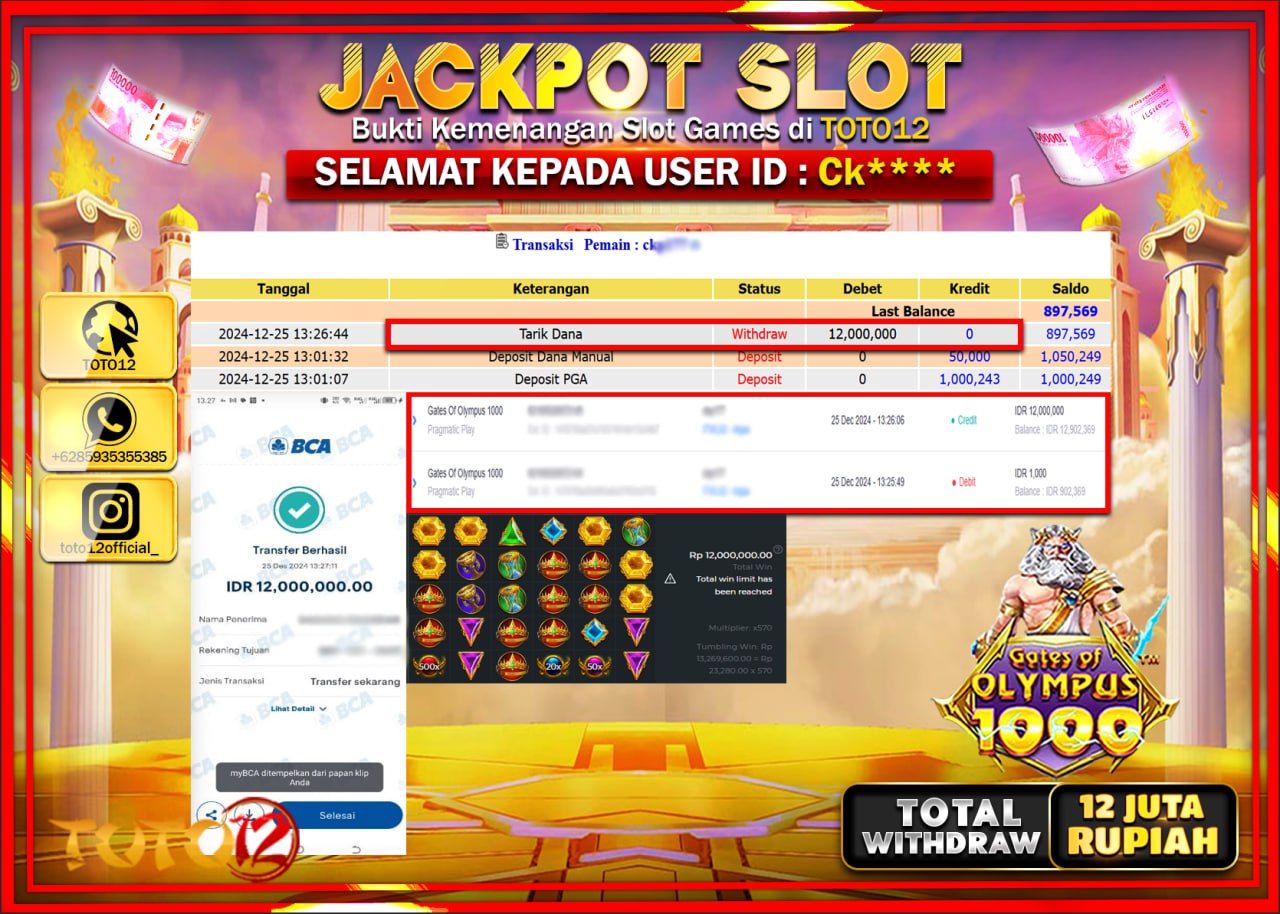 HANYA DI TOTO12 JP PASTI DI BAYAR LUNAS DAN CEPAT!!!!!! JACKPOT SLOT GAME (GATES OF OLYMPUS 1000) Rp.12.000.000 !!!!