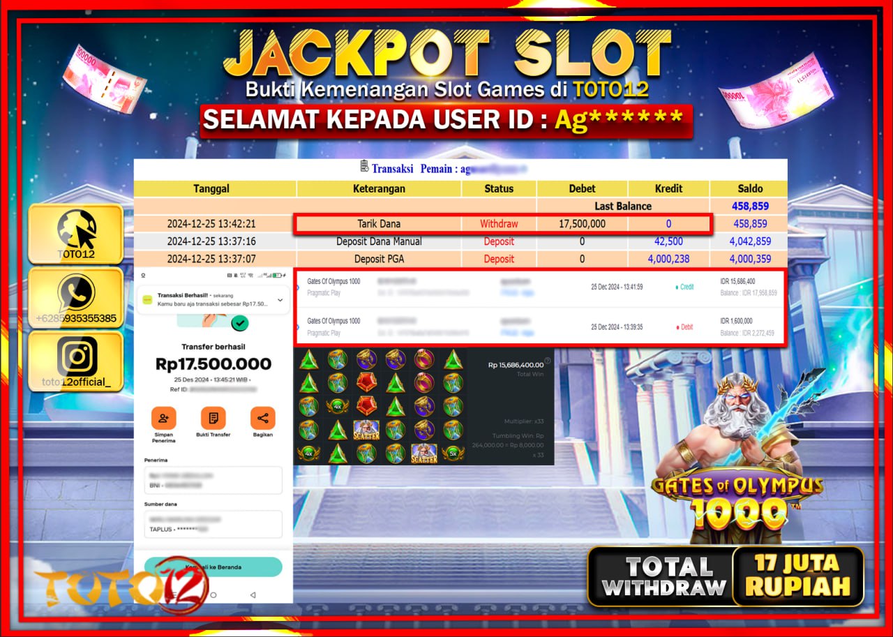 HANYA DI TOTO12 JP PASTI DI BAYAR LUNAS DAN CEPAT!!!!!! JACKPOT SLOT GAME (GATES OF OLYMPUS 1000) Rp.17.000.000 !!!!