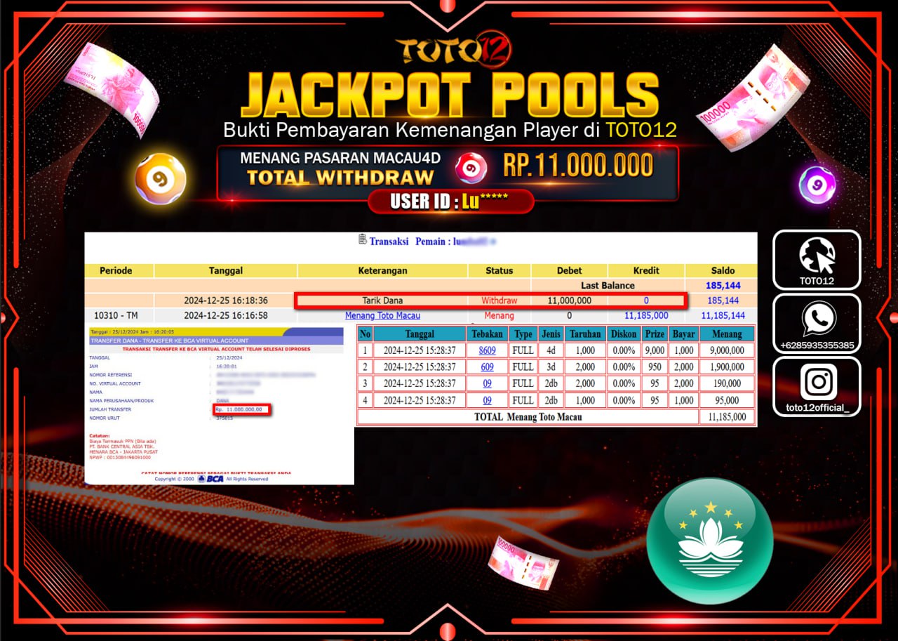 HANYA DI TOTO12 JP PASTI DI BAYAR LUNAS DAN CEPAT!!!!!! JACKPOT POOLS PASARAN (TOTO MACAU) Rp.11.000.000 !!!!