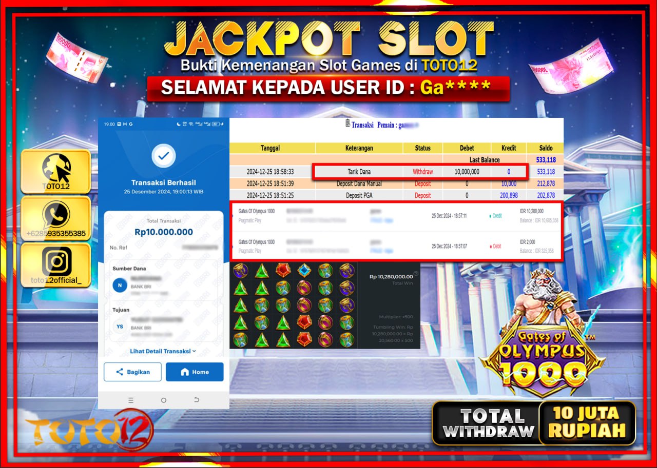 HANYA DI TOTO12 JP PASTI DI BAYAR LUNAS DAN CEPAT!!!!!! JACKPOT SLOT GAME (GATES OF OLYMPUS 1000) Rp.10.000.000 !!!!