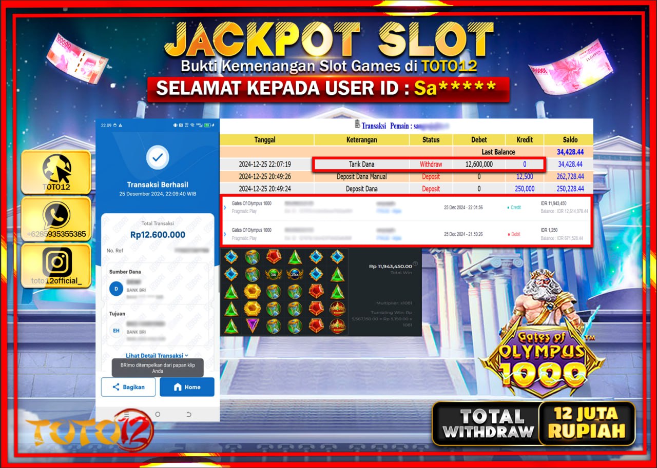 HANYA DI TOTO12 JP PASTI DI BAYAR LUNAS DAN CEPAT!!!!!! JACKPOT SLOT GAME (GATES OF OLYMPUS 1000) Rp.12.000.000 !!!!