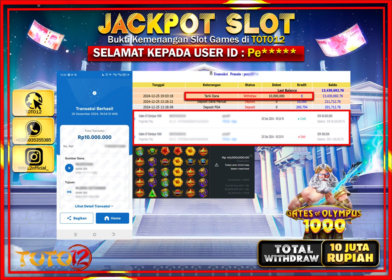 HANYA DI TOTO12 JP PASTI DI BAYAR LUNAS DAN CEPAT!!!!!! JACKPOT SLOT GAME (GATES OF OLYMPUS 1000) Rp.10.000.000 !!!!