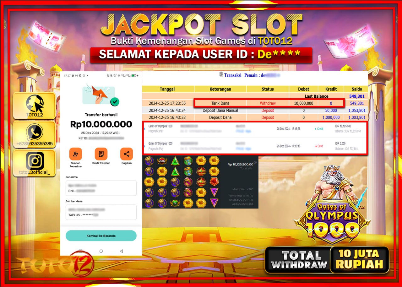 HANYA DI TOTO12 JP PASTI DI BAYAR LUNAS DAN CEPAT!!!!!! JACKPOT SLOT GAME (GATES OF OLYMPUS 1000) Rp.10.000.000 !!!!