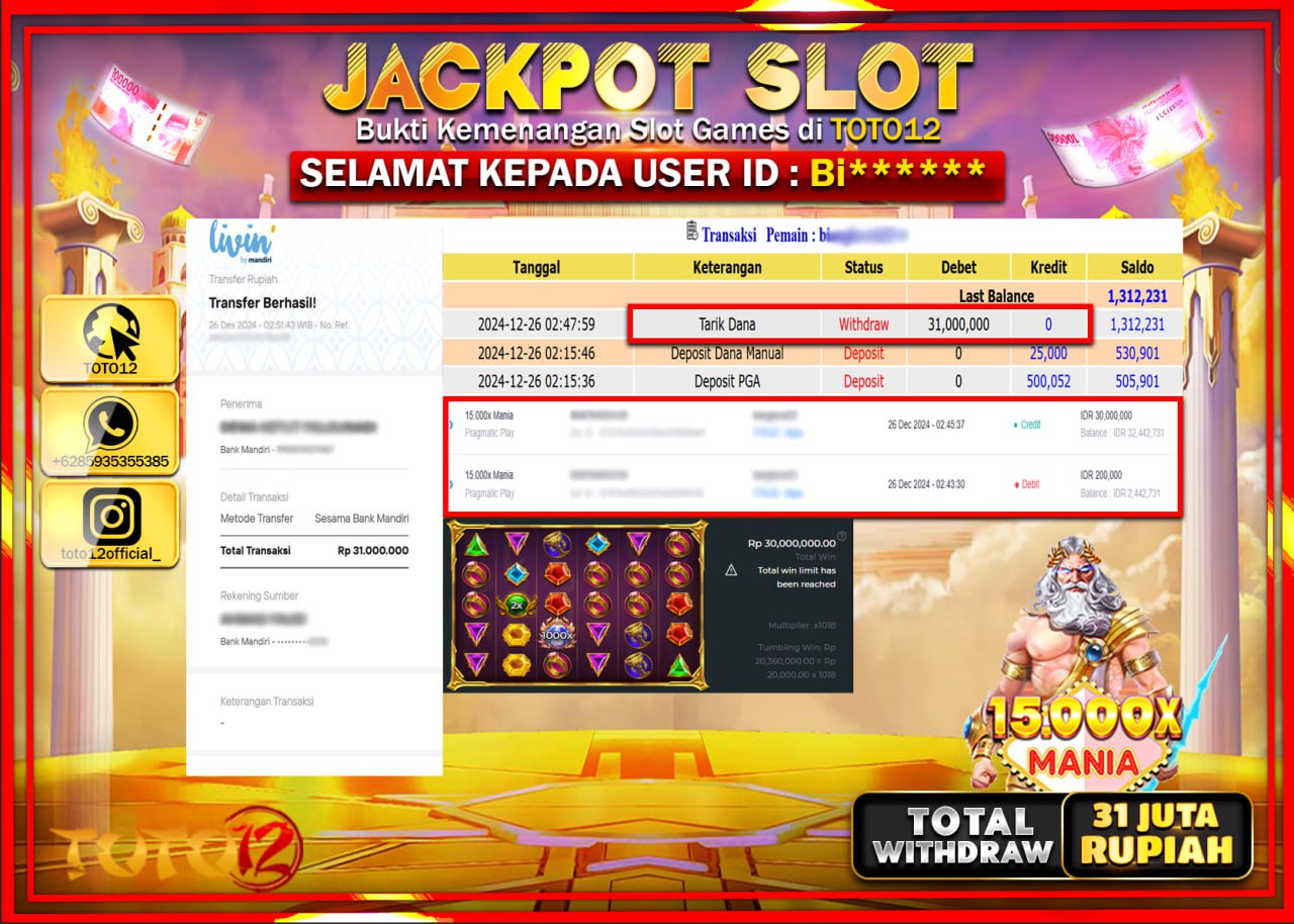 HANYA DI TOTO12 JP PASTI DI BAYAR LUNAS DAN CEPAT!!!!!! JACKPOT SLOT GAME (15.000X MANIA) Rp.31.000.000 !!!!