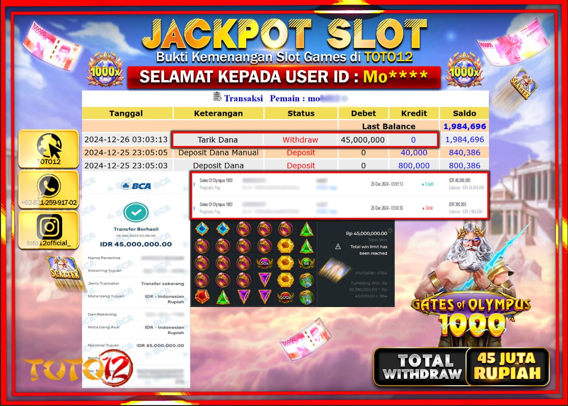 HANYA DI TOTO12 JP PASTI DI BAYAR LUNAS DAN CEPAT!!!!!! JACKPOT SLOT GAME (GATES OF OLYMPUS 1000) Rp.45.000.000 !!!!