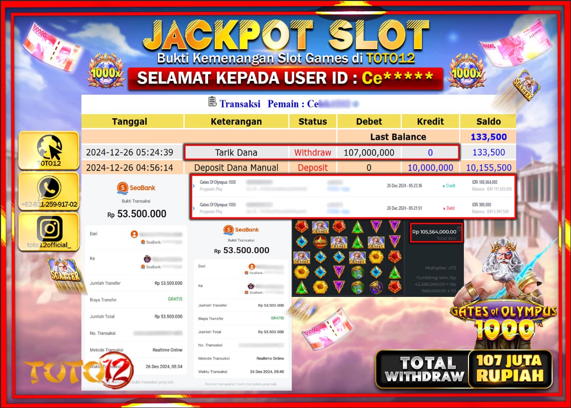 HANYA DI TOTO12 JP PASTI DI BAYAR LUNAS DAN CEPAT!!!!!! JACKPOT SLOT GAME (GATES OF OLYMPUS 1000) Rp.107.000.000 !!!!