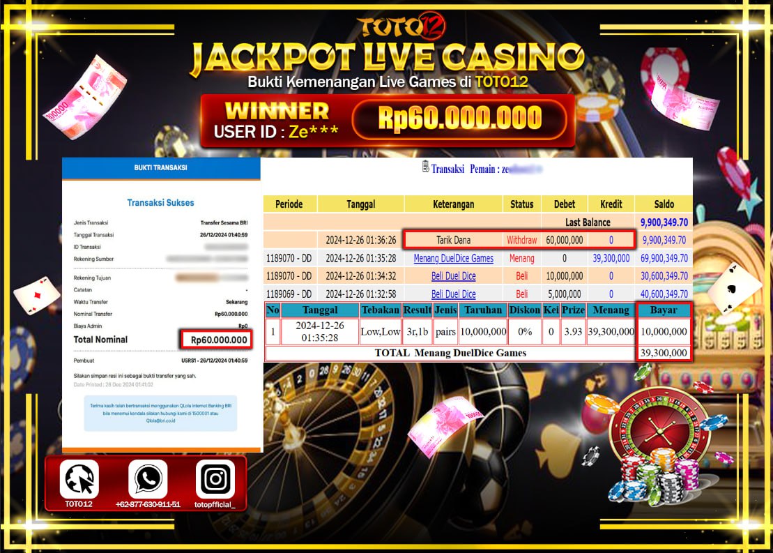 HANYA DI TOTO12 JP PASTI DI BAYAR LUNAS DAN CEPAT!!!!!! JACKPOT LIVE GAMES CASINO (DUEL DICE) Rp.60.000.000 !!!!