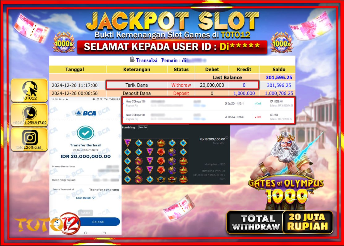HANYA DI TOTO12 JP PASTI DI BAYAR LUNAS DAN CEPAT!!!!!! JACKPOT SLOT GAME (GATES OF OLYMPUS 1000) Rp.20.000.000 !!!!