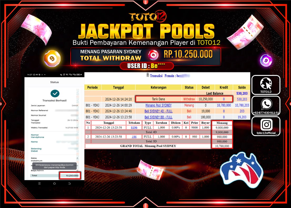 HANYA DI TOTO12 JP PASTI DI BAYAR LUNAS DAN CEPAT!!!!!! JACKPOT POOLS PASARAN (SYDNEY) Rp.10.250.000 !!!!