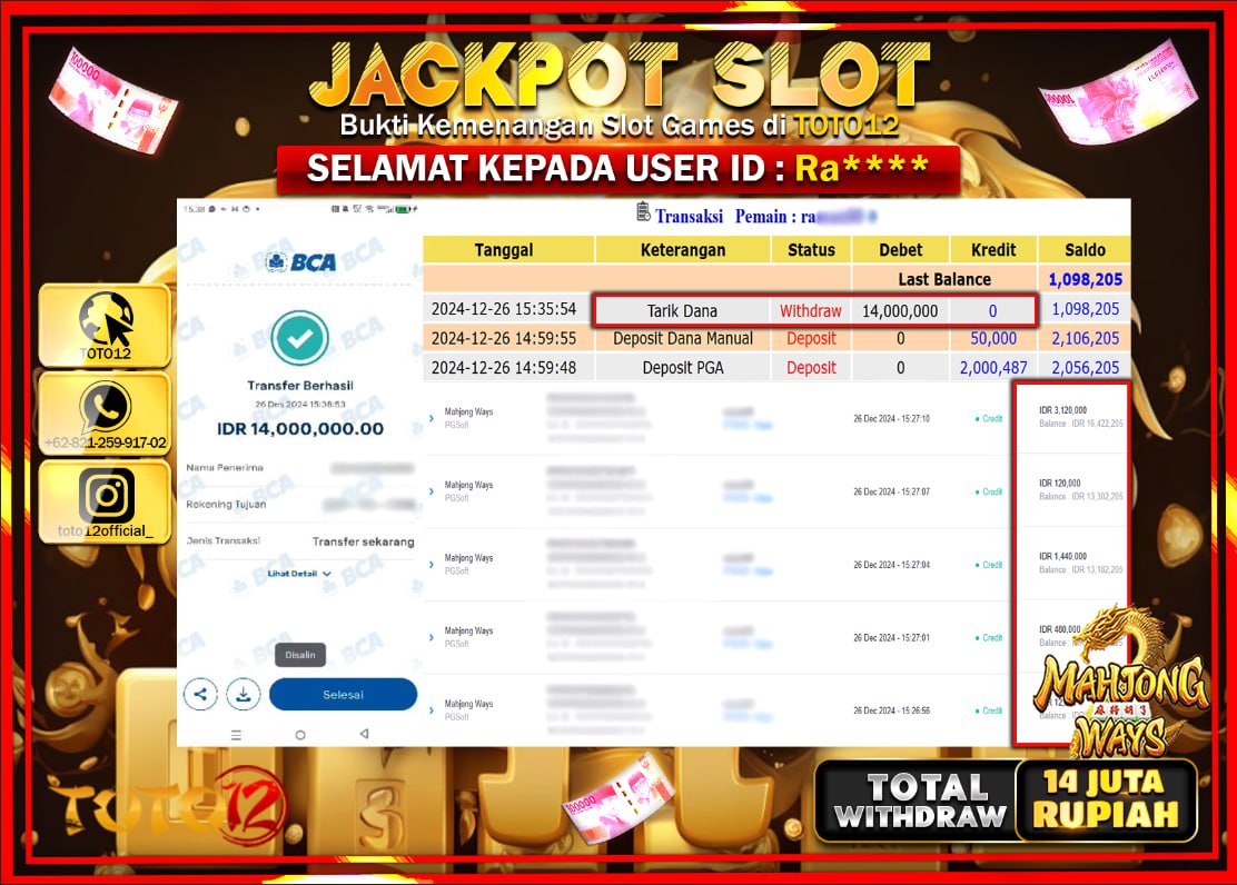 HANYA DI TOTO12 JP PASTI DI BAYAR LUNAS DAN CEPAT!!!!!! JACKPOT SLOT GAME (MAHJONG WAYS) Rp.14.000.000 !!!!