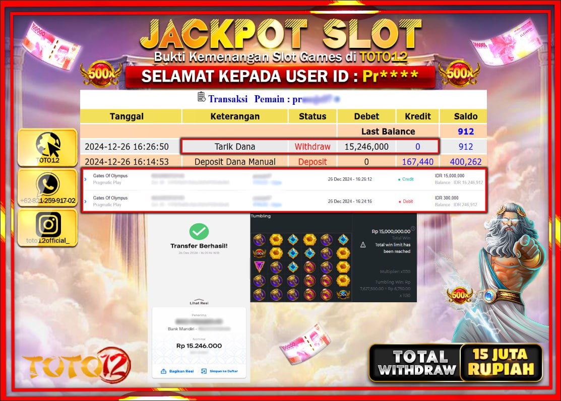 HANYA DI TOTO12 JP PASTI DI BAYAR LUNAS DAN CEPAT!!!!!! JACKPOT SLOT GAME (GATES OF OLYMPUS) Rp.15.000.000 !!!!